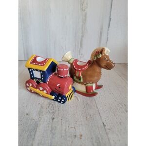 Vintage candle stick holder ceramic horse‎ train Xmas home decor set